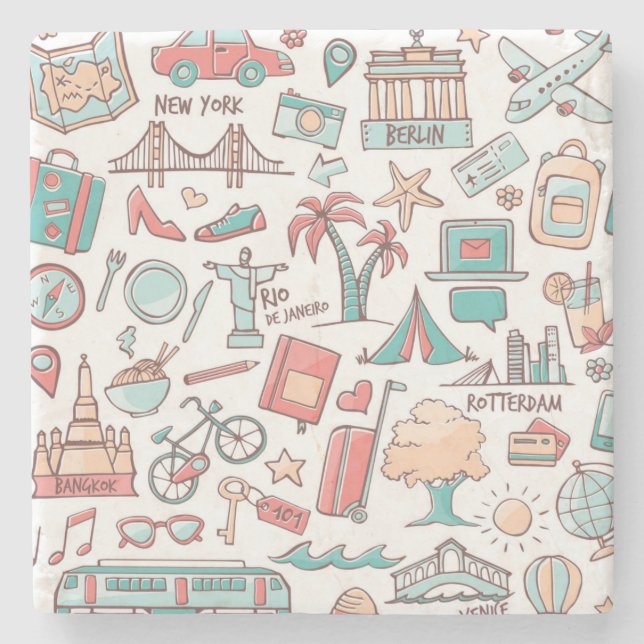 Pastel Tourist Pattern Stone Coaster (Front)