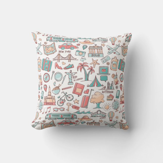 Pastel Tourist Pattern Throw Pillow (Front)