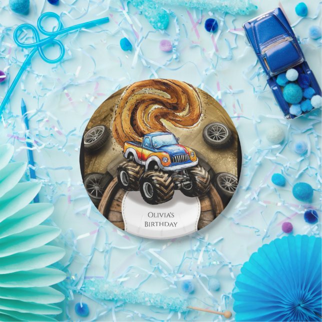 Pastel Track Monster Truck Birthday Paper Plates (Party)