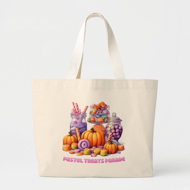 Pastel Treats Parade – Cute Candy & Pumpkin Large Tote Bag (Front)