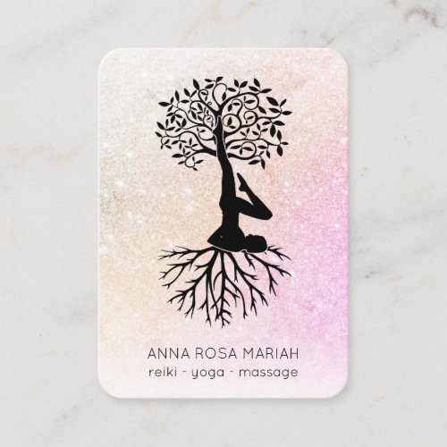   Pastel Tree of Life Yoga QR code Glitter Business Card