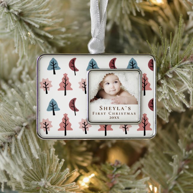 Pastel Tree Pattern Baby`s First Christmas Photo Ornament (Tree)