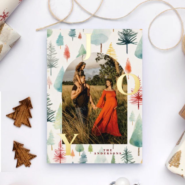 Pastel Trees Arch Photo Gold Foil Christmas Card (Creator Uploaded)