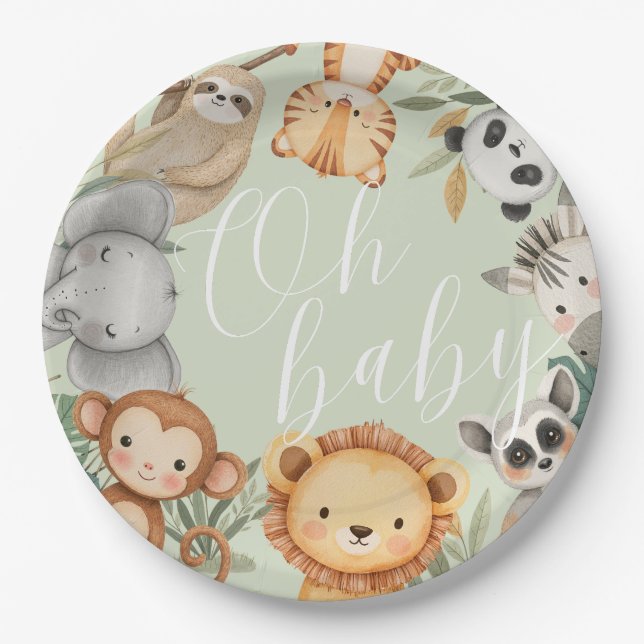 Pastel Tropical baby shower Jungle Safari Animals  Paper Plates (Front)