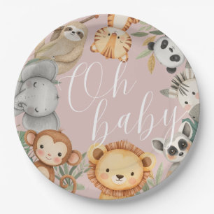 Pastel Tropical baby shower Jungle Safari Animals Paper Plates
