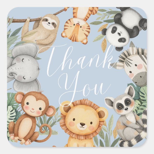 Pastel Tropical baby shower Jungle Safari Animals  Square Sticker (Front)