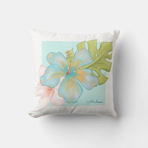 Pastel Tropical Floral Arrangement with Name Throw Pillow