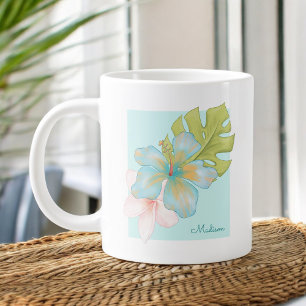Pastel Tropical Floral Bouquet with Any Name Giant Coffee Mug