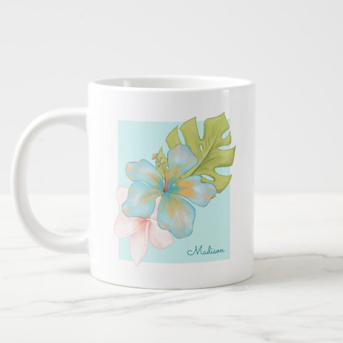 Pastel Tropical Floral Bouquet with Any Name Giant Coffee Mug