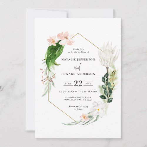 Pastel tropical gold geometric wedding invitation