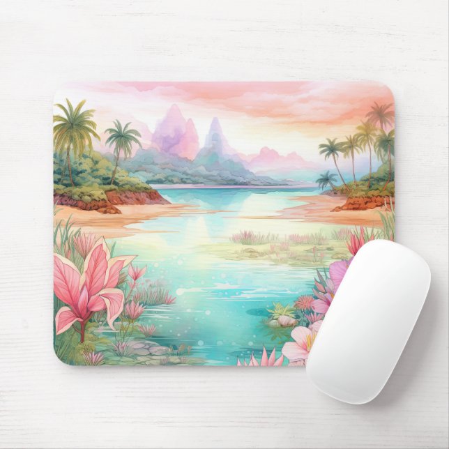 Pastel Tropical Island Beach Sunset Mountains Mouse Pad (With Mouse)