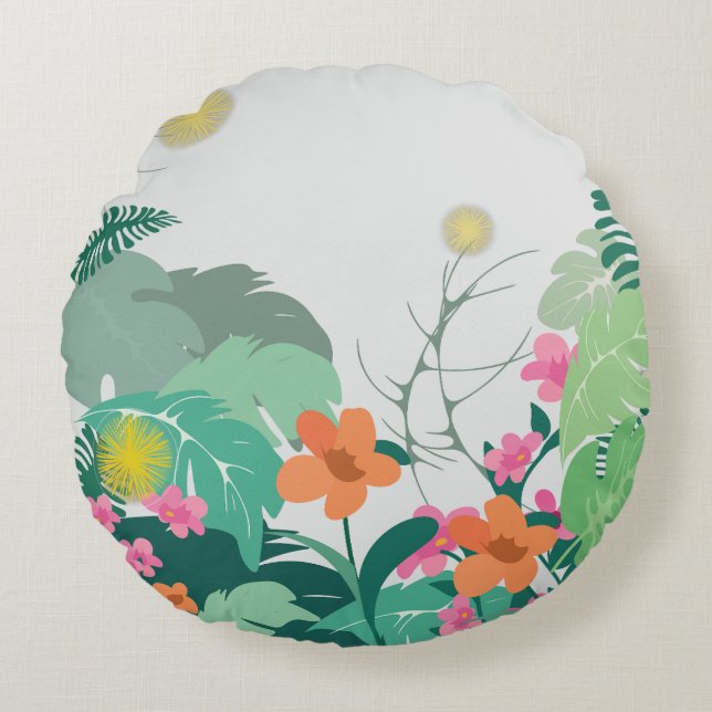 Pastel Tropical Leaves and Flowers Round Pillow (Front)