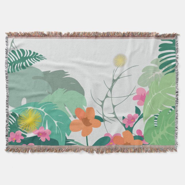 Pastel Tropical Leaves and Flowers Throw Blanket (Front)