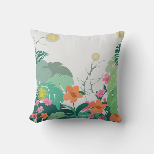 Pastel Tropical Leaves and Flowers Throw Pillow (Front)