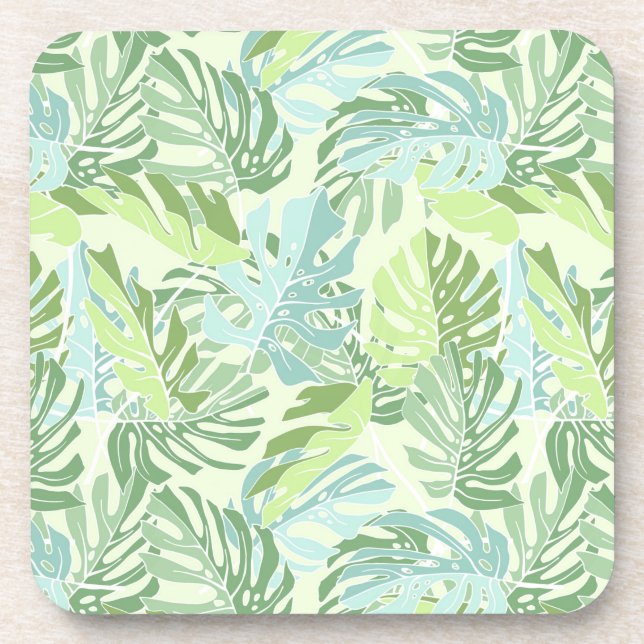 Pastel Tropical Palm Leaves Beverage Coaster (Front)