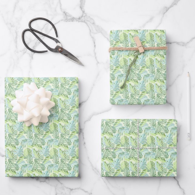 Pastel Tropical Palm Leaves Wrapping Paper Sheets (Front)