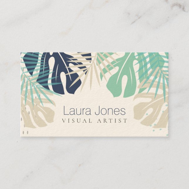 Pastel Tropical Palms Visual Design Artist Business Card (Front)