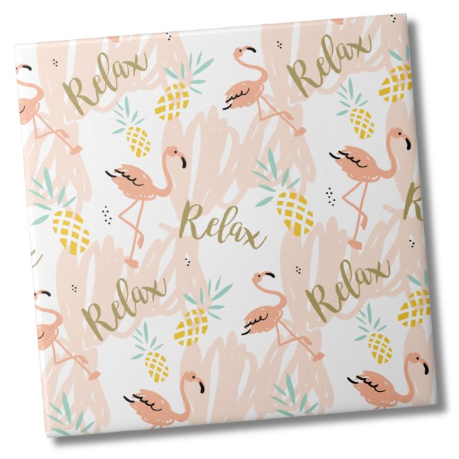 Pastel Tropical Pink Flamingo Pattern Ceramic Tile (Fun Cute Tropical Pastel Pineapple Pink Flamingo Ceramic Tile)