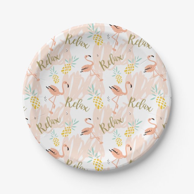 Pastel Tropical Pink Flamingo Pattern Paper Plates (Front)
