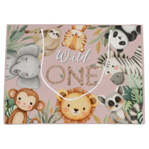 Pastel Tropical Wild One Jungle Safari Animals  Large Gift Bag