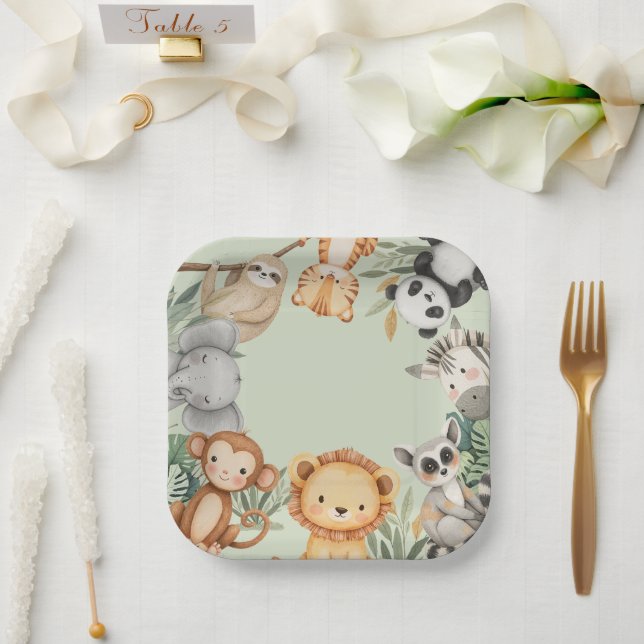Pastel Tropical Wild One Jungle Safari Animals  Paper Plates (Wedding)