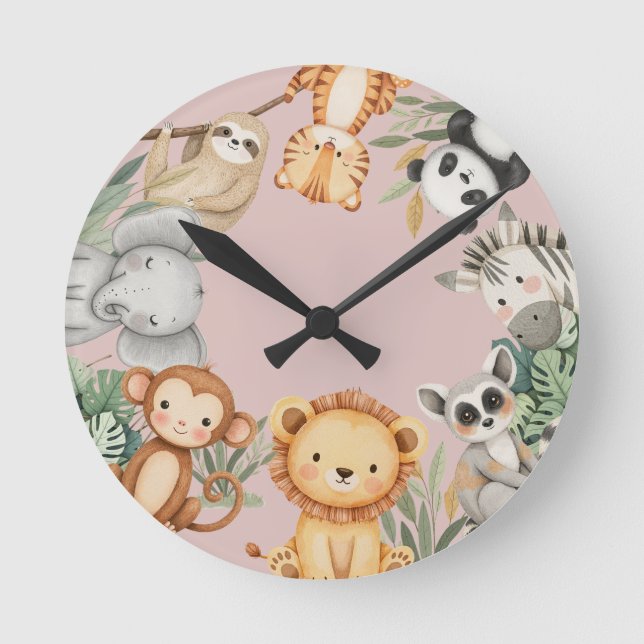 Pastel Tropical Wild One Jungle Safari Animals  Round Clock (Front)