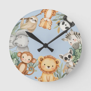 Pastel Tropical Wild One Jungle Safari Animals Round Clock