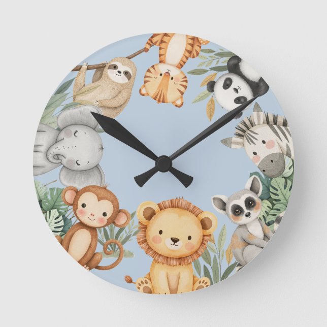 Pastel Tropical Wild One Jungle Safari Animals  Round Clock (Front)