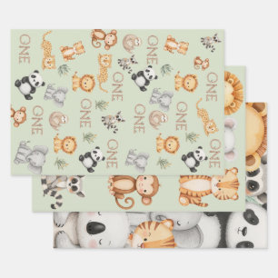 Pastel Tropical Wild One Jungle Safari Animals Wrapping Paper Sheets