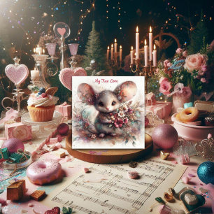 Pastel True Love Watercolor Mouse Valentine Holiday Card