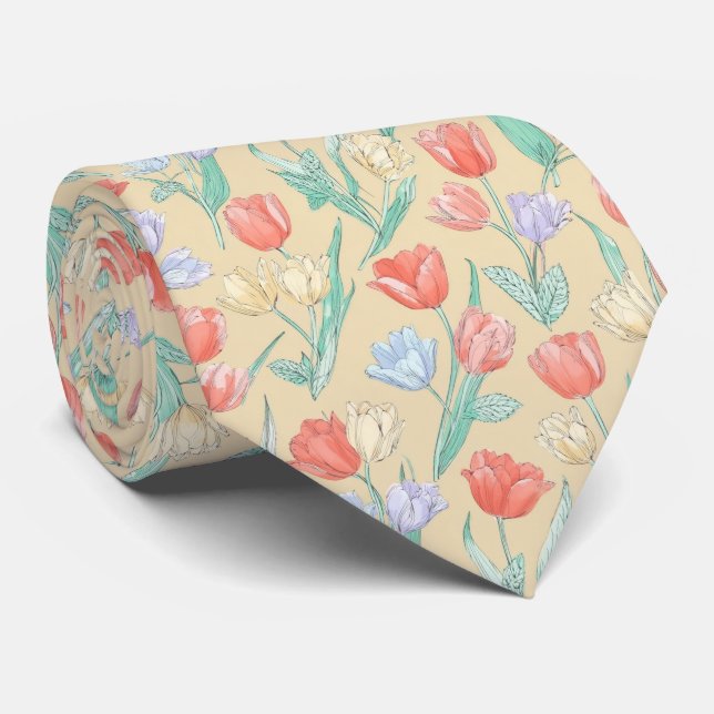 Pastel Tulip Bloom Pattern Neck Tie (Rolled)