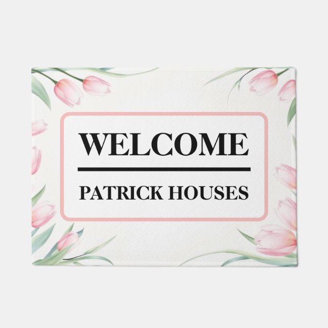 Pastel Tulip Border Personalized Doormat (Front)