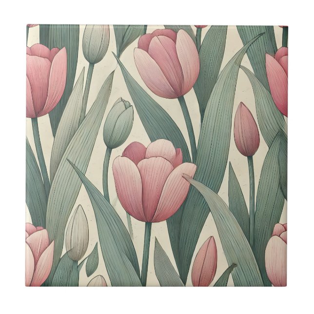 Pastel Tulip Garden Pattern Illustration Ceramic Tile (Front)