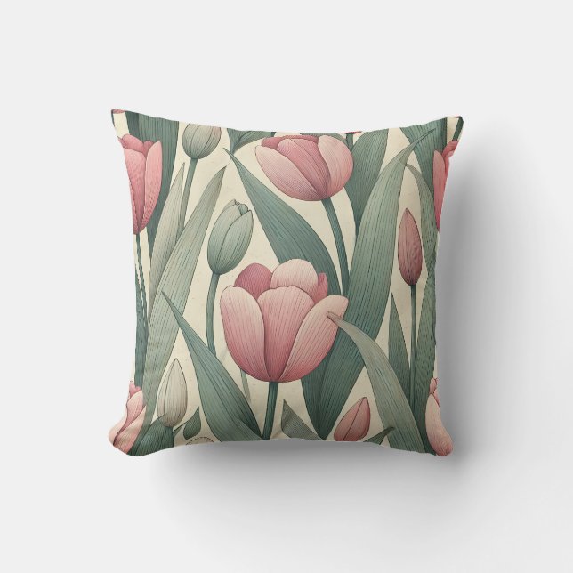 Pastel Tulip Garden Pattern Illustration Throw Pillow (Front)
