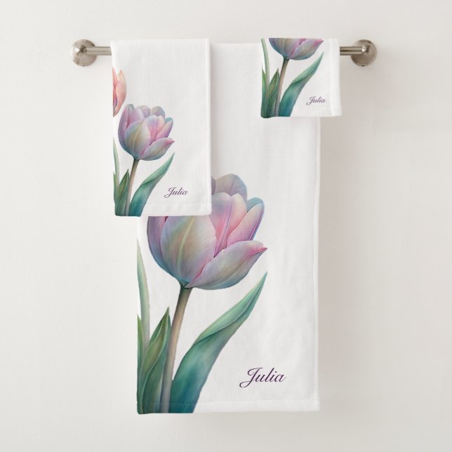 Pastel Tulip Wedding Suite Elegant Typography Bath Towel Set (Insitu)