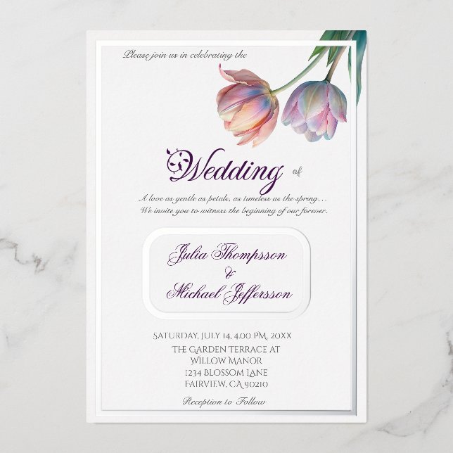 Pastel Tulip Wedding Suite Elegant Typography Foil Invitation (Front)