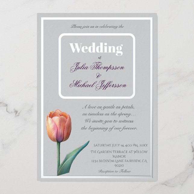 Pastel Tulip Wedding Suite Elegant Typography Foil Invitation (Front)