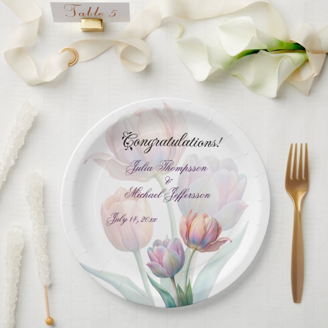 Pastel Tulip Wedding Suite Elegant Typography Paper Plates (Wedding)