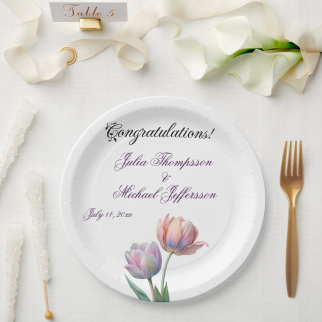 Pastel Tulip Wedding Suite Elegant Typography Paper Plates (Wedding)