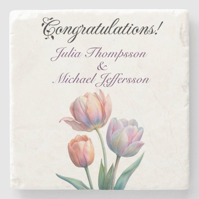 Pastel Tulip Wedding Suite Elegant Typography Stone Coaster (Front)