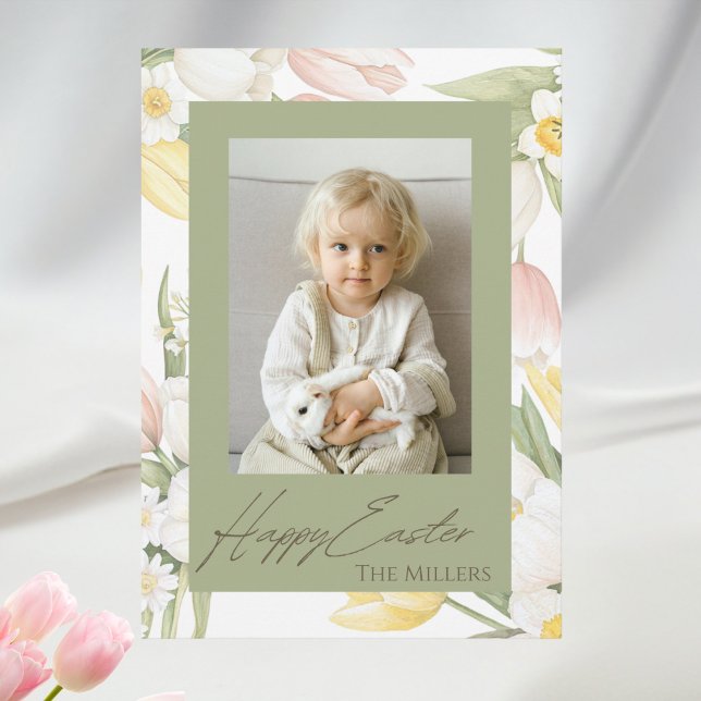 Pastel Tulips and Daffodils Custom Photo Easter Holiday Card (Creator Uploaded)