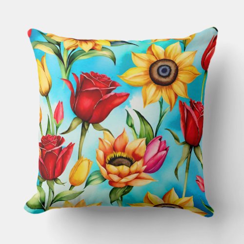 Pastel Tulips and Watercolor Roses Cushion Throw Pillow