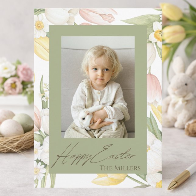 Pastel Tulips & Daffodils Happy Easter Photo Card (Creator Uploaded)