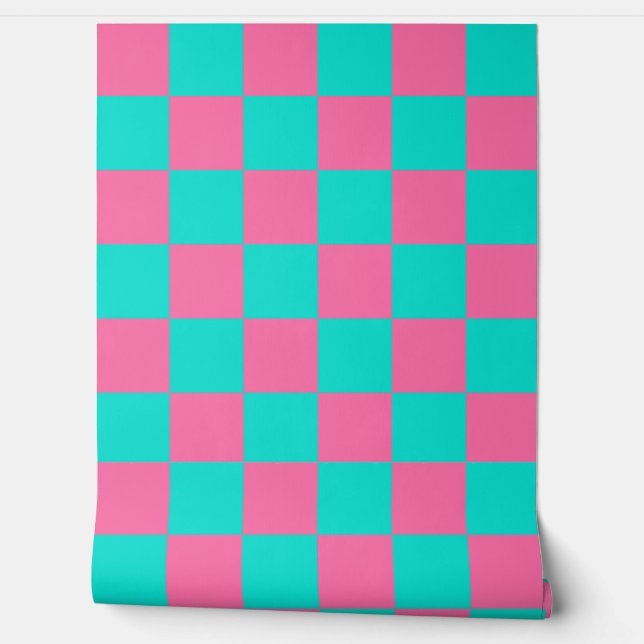 Pastel Turquoise Blue-green And Pink Checker Wallpaper (Unrolling)
