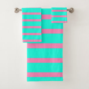Pastel Turquoise Blue-green And Pink Stripes Bath Towel Set