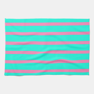 Pastel Turquoise Blue-green And Pink Stripes Kitchen Towel