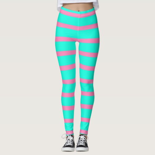 Pastel Turquoise Blue-green And Pink Stripes Leggings