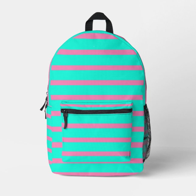 Pastel Turquoise Blue-green And Pink Stripes Printed Backpack (Front)