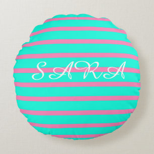 Pastel Turquoise Blue-green And Pink Stripes  Round Pillow