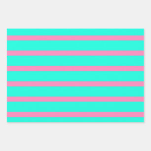 Pastel Turquoise Blue-green And Pink Stripes Wrapping Paper Sheets